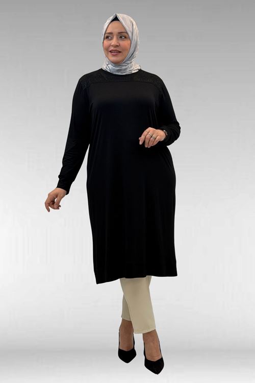 68036 Büyük Beden Önü Parçalı Taş Detaylı Penye Tunik - Siyah