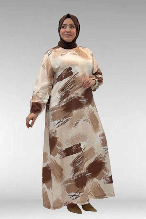 62007 Büyük Beden Kolu Lastikli Elbise - Desenli Çikolata Kahve
