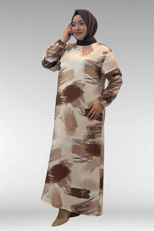 62007 Büyük Beden Kolu Lastikli Elbise - Desenli Çikolata Kahve