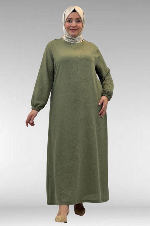 62007 Büyük Beden Kolu Lastikli Elbise - Haki