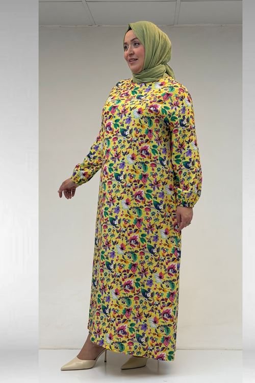 62007 Büyük Beden Kolu Lastikli Elbise - Desenli Sarı