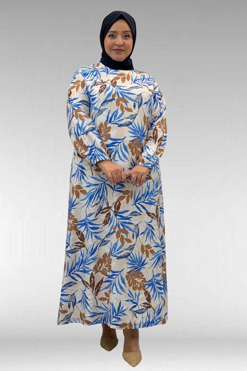 62007 Büyük Beden Kolu Lastikli Elbise - Yaprak Desen Vizon