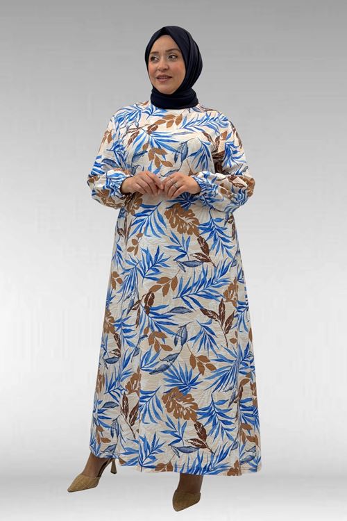 62007 Büyük Beden Kolu Lastikli Elbise - Yaprak Desen Vizon