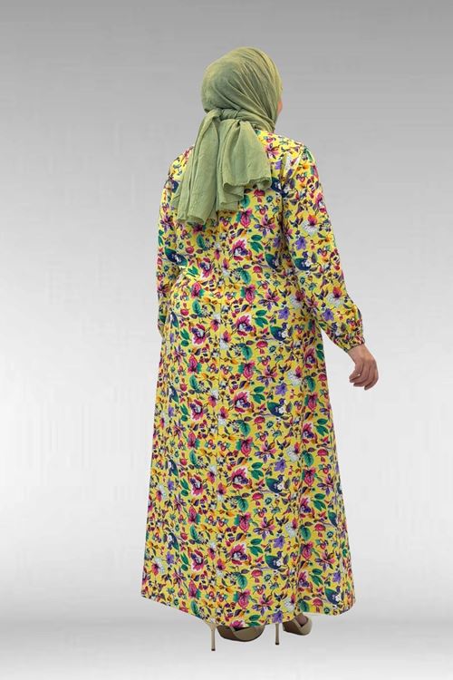 62007 Büyük Beden Kolu Lastikli Elbise - Desenli Sarı