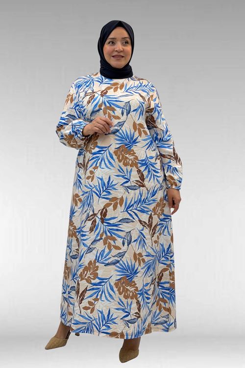 62007 Büyük Beden Kolu Lastikli Elbise - Yaprak Desen Vizon