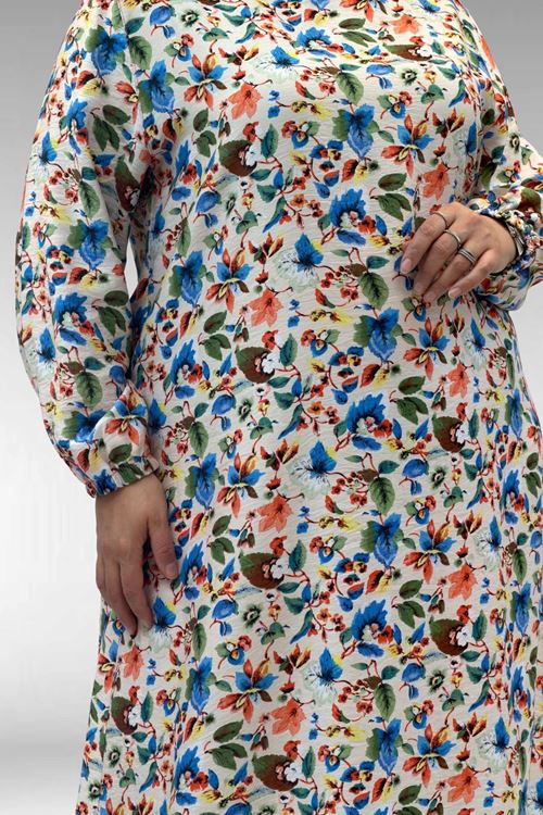 62007 Büyük Beden Kolu Lastikli Elbise - Desenli Taş