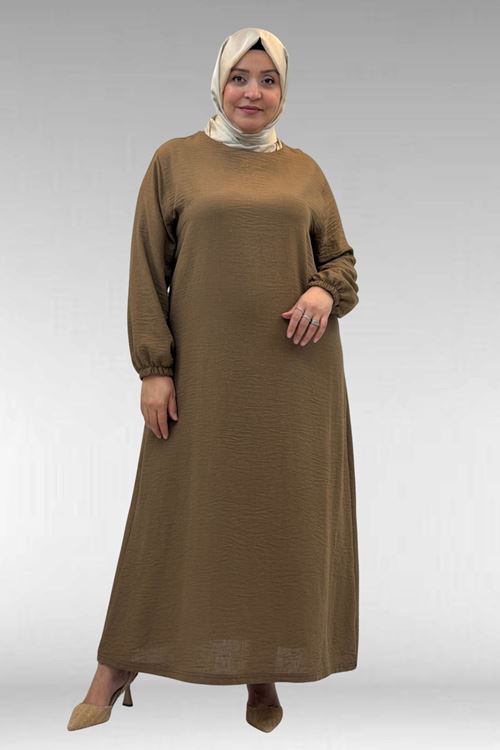 62007 Büyük Beden Kolu Lastikli Elbise - Vizon