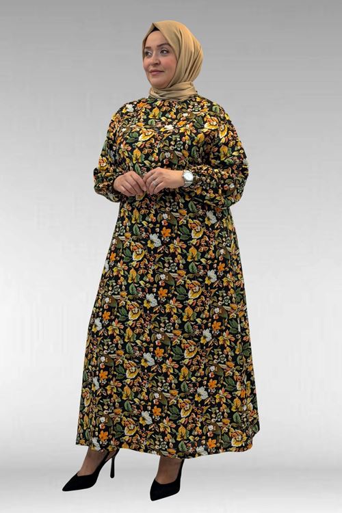 62007 Büyük Beden Kolu Lastikli Elbise - Desenli Siyah