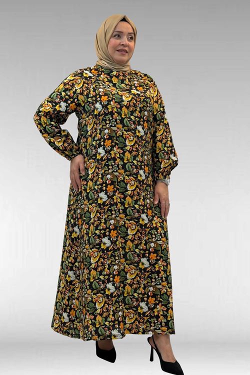 62007 Büyük Beden Kolu Lastikli Elbise - Desenli Siyah