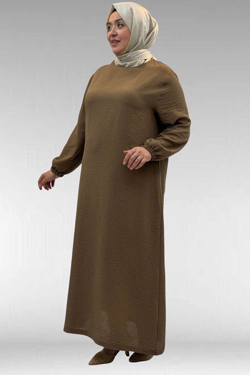 62007 Büyük Beden Kolu Lastikli Elbise - Vizon