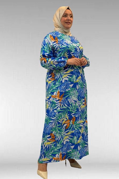 62007 Büyük Beden Kolu Lastikli Elbise - Desenli Saks