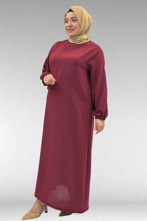 62007 Büyük Beden Kolu Lastikli Elbise - Bordo