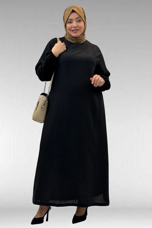 62007 Büyük Beden Kolu Lastikli Elbise - Siyah