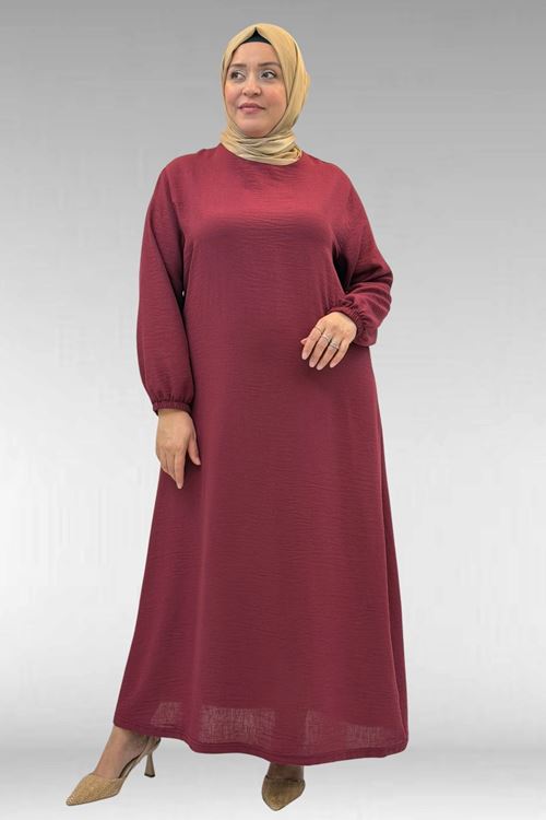 62007 Büyük Beden Kolu Lastikli Elbise - Bordo