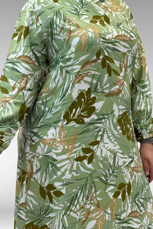 62007 Büyük Beden Kolu Lastikli Elbise - Desenli Haki