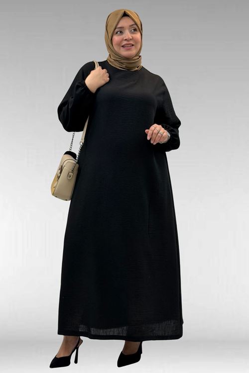 62007 Büyük Beden Kolu Lastikli Elbise - Siyah