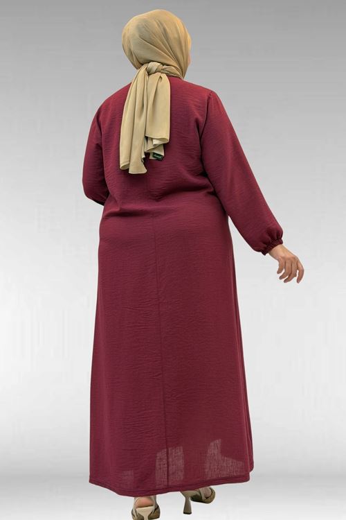 62007 Büyük Beden Kolu Lastikli Elbise - Bordo