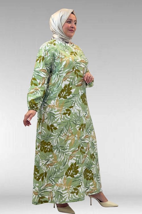 62007 Büyük Beden Kolu Lastikli Elbise - Desenli Haki