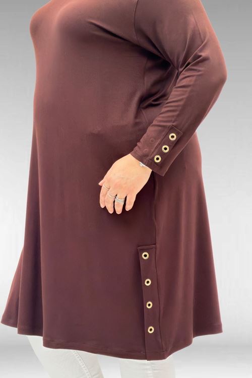 68029 Büyük Beden Yanları Kuşgözü Detaylı Penye Tunik - Kahve