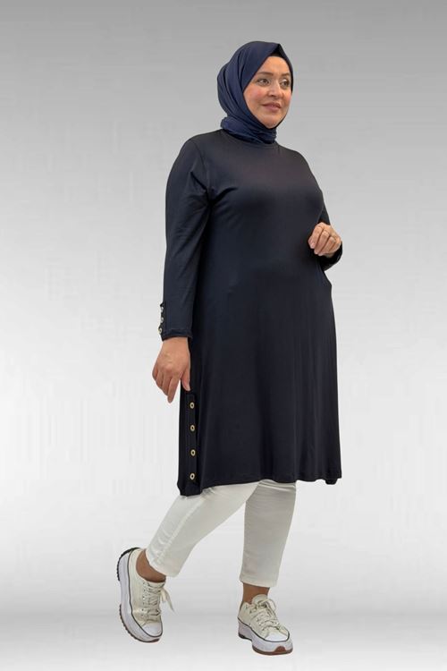 68029 Büyük Beden Yanları Kuşgözü Detaylı Penye Tunik - Koyu Lacivert