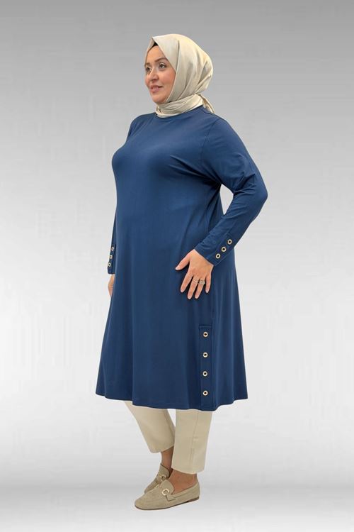 68029 Büyük Beden Yanları Kuşgözü Detaylı Penye Tunik - Petrol