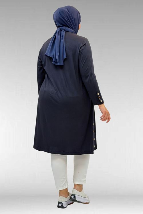 68029 Büyük Beden Yanları Kuşgözü Detaylı Penye Tunik - Koyu Lacivert