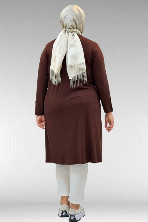 68029 Büyük Beden Yanları Kuşgözü Detaylı Penye Tunik - Kahve