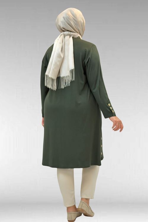 68029 Büyük Beden Yanları Kuşgözü Detaylı Penye Tunik - Haki