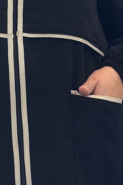 43032 Büyük Beden Biye Detaylı  Keten Kap - Siyah