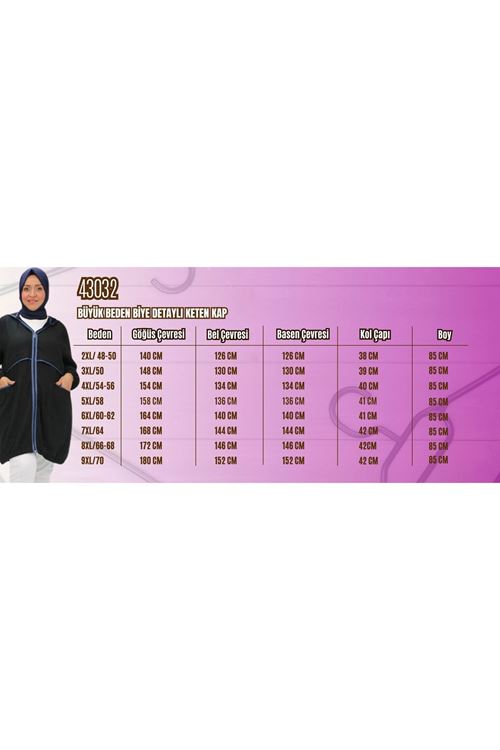 43032 Büyük Beden Biye Detaylı  Keten Kap - Kahve