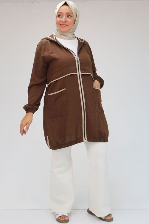 43032 Büyük Beden Biye Detaylı  Keten Kap - Kahve