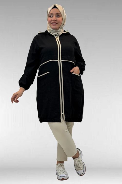 43032 Büyük Beden Biye Detaylı  Keten Kap - Siyah