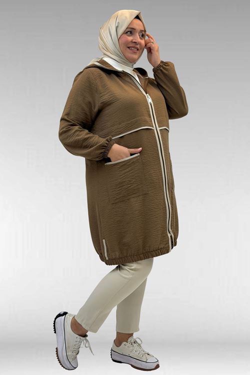 43032 Büyük Beden Biye Detaylı  Keten Kap - Vizon