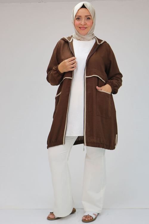 43032 Büyük Beden Biye Detaylı  Keten Kap - Kahve