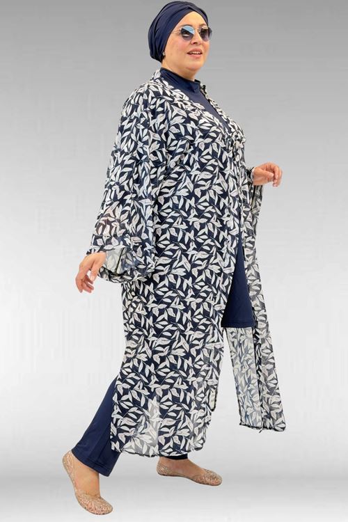 1735 Büyük Beden Garni Detaylı Pareo - Yaprak Desen Ekru