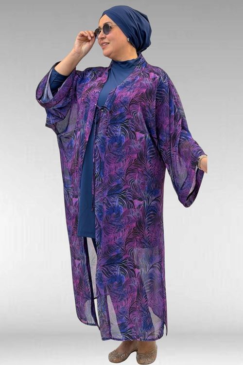 1735 Büyük Beden Garni Detaylı Pareo - Yaprak Desen Mor