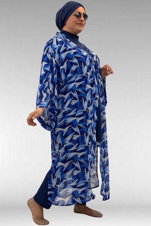 1735 Büyük Beden Garni Detaylı Pareo - Fırça Desen Saks