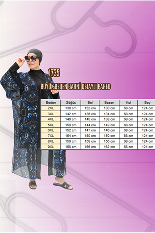 1735 Büyük Beden Garni Detaylı Pareo - Fırça Desen Saks