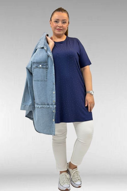 68501 Büyük Beden Yakası Biyeli Önü Taşlı Penye Tişört - Lacivert