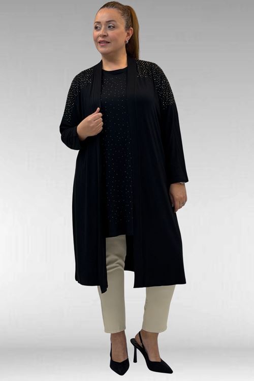 68501 Büyük Beden Yakası Biyeli Önü Taşlı Penye Tişört - Siyah