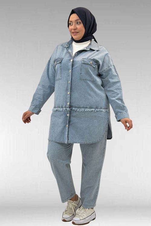 67045 Büyük Beden Püskül ve Cep Detaylı Tensel Pantolonlu Takım - Kar Yıkama Mavi