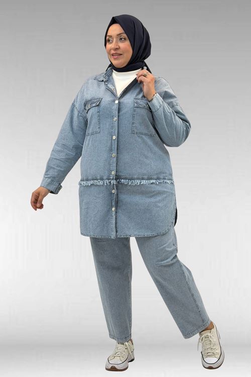 67045 Büyük Beden Püskül ve Cep Detaylı Tensel Pantolonlu Takım - Kar Yıkama Mavi