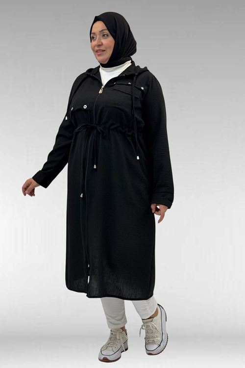 63008 Büyük Beden Kuşgözü Detaylı Keten Kap - Siyah