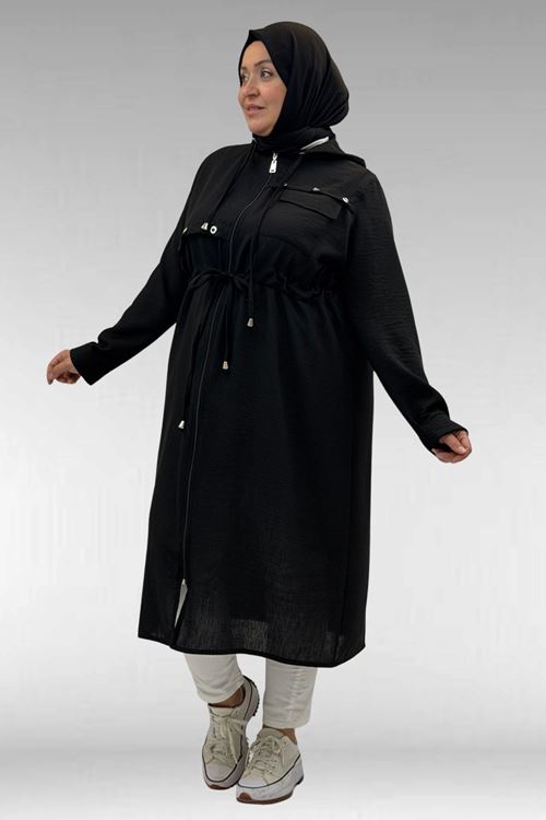 63008 Büyük Beden Kuşgözü Detaylı Keten Kap - Siyah