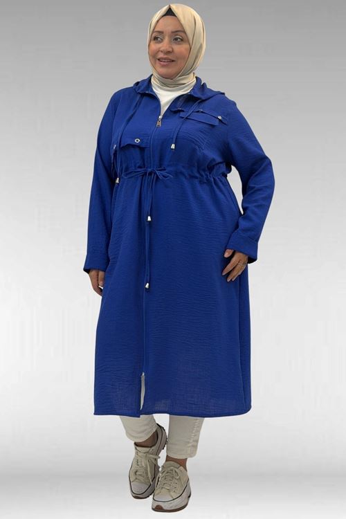 63008 Büyük Beden Kuşgözü Detaylı Keten Kap - Saks