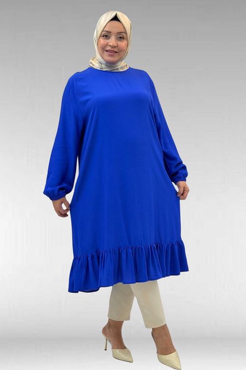 68033 Büyük Beden Eteği Fırfırlı Maroken Tunik - Saks