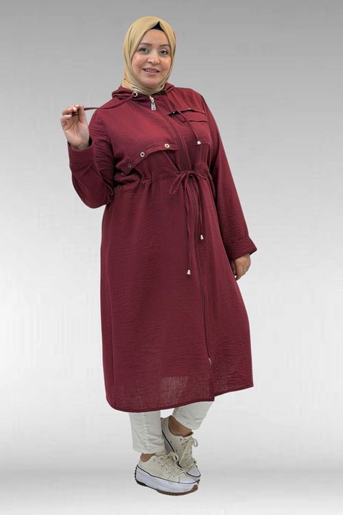 63008 Büyük Beden Kuşgözü Detaylı Keten Kap - Bordo