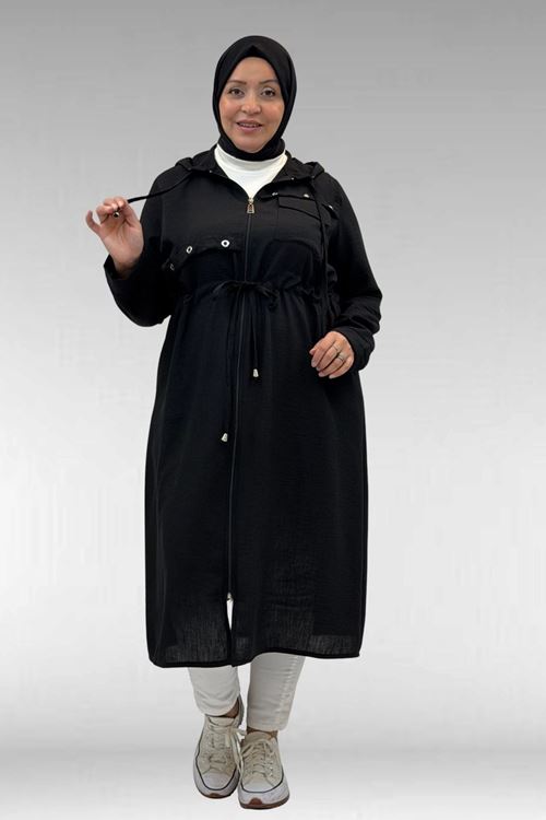 63008 Büyük Beden Kuşgözü Detaylı Keten Kap - Siyah