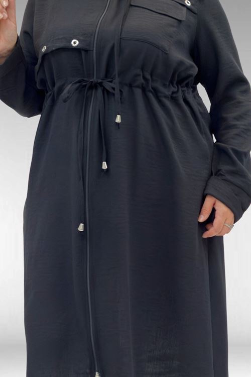 63008 Büyük Beden Kuşgözü Detaylı Keten Kap - Siyah