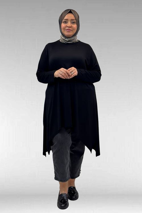58070 Büyük Beden Asimetrik Kesim Penye Tunik - Siyah